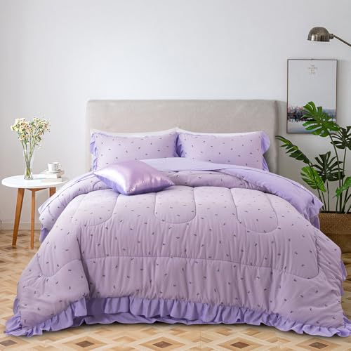 Image of A Nice Night Delicate Bows Print On Purple Background Bedding Set,Ruffle 6 Piece Bed in a Bag Matching Sheet Set,Princess Style Chic Bowknot Printed,Twin