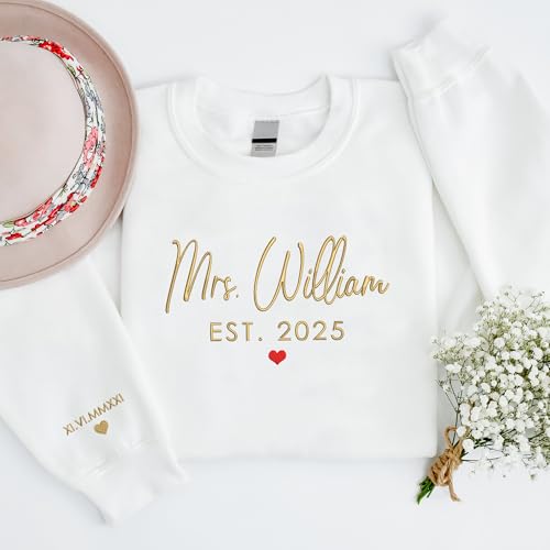 GODMERCH Custom Embroidered Mrs Sweatshirt - Personalized Future Mrs Hoodie, Bride Sweatshirts, Honeymoon Crewneck, Gift for Her Bride to Be Wedding Bachelorette Party Bridal Shower Engagement3