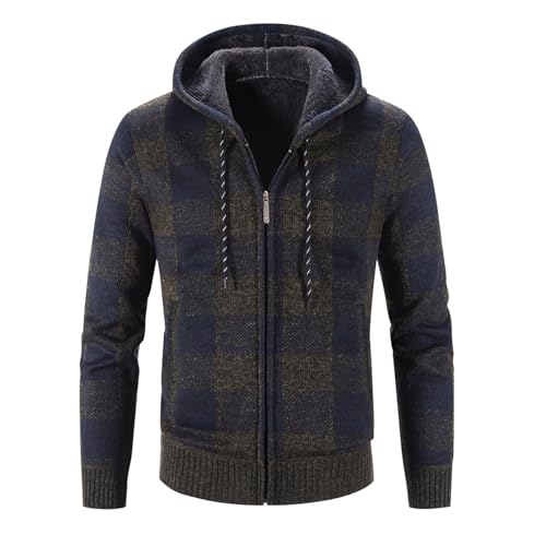 Mens Thick Crochet Plaid Warm Fuzzy Hooded Knit Cardigan Hoodies Shacket Outfits for Mens Sleeve Sweater Outfits3