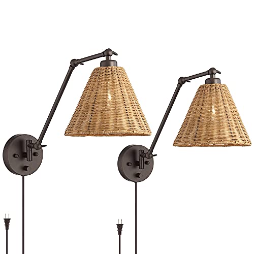 Barnes and Ivy Mid Century Modern Cottage Swing Arm Wall Lamps Set of 2 Bronze Metal Plug-in Light Fixture Natural Rattan Shade Bedroom Bedside House Reading Living Room Home Hallway Dining - Image 3