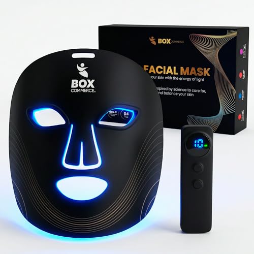 Box Commerce - Máscara LED Facial Profesional, Luz Roja e Infrarroja para Cuidado estético de la Piel - Tratamiento Antiedad con 4 Modos de Luz LED para Líneas de Expresión y Firmeza