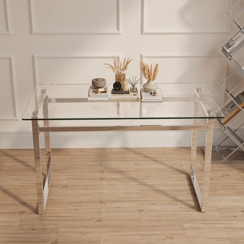 Modern Glass Dining Table for 4-6, 51" Rectangular Kitchen Dining Room Table with 0.31" Tempered Glass Tabletop and Silver Chrome Metal Legs, Writing Table Desk, for Kitchen Dining Living Room - Image 5