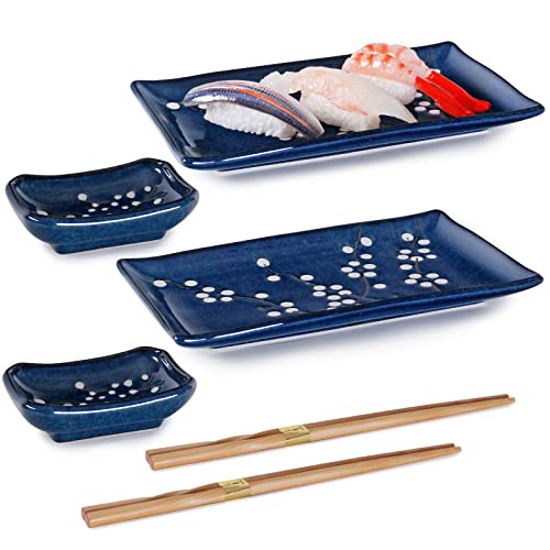Hinomaru Collection Sakura Cherry Blossom Design 6 Piece Sushi Dinner Set Rectangular Sushi Plate Sauce Dish And Chopsticks Sushi Dinner Set For Two (Blue Sakura) #TOP23