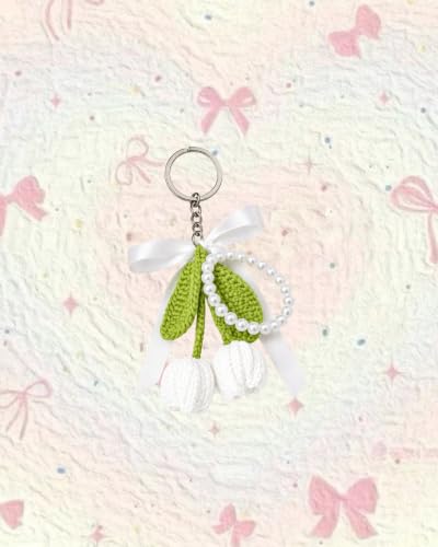 Image of Handmade Crochet Tulip Keychain with Pearl String - Cute Floral Bag Charm & Aesthetic Purse Pendant, Knitted Flower Keyring Accessory Gift for Girls & Women