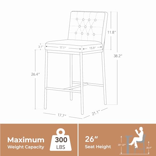 Image of CHITA Modern Bar Stools with Tufted Back Set of 4, 26 inch Counter Height Bar Stool with Metal Legs for Kitchen Island & Dining Room, Olive Green, Black Frame