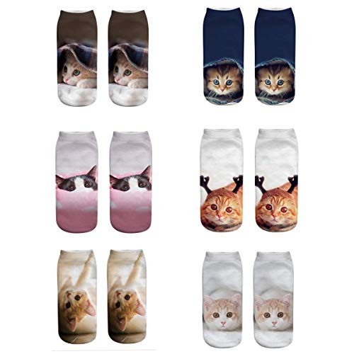 Meiping Calze per Unisex 6 paia Cartoon Gatto Modello Calzini alla Caviglia Casuale