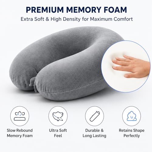 Image of Restify Premium Memory Foam Travel Neck Pillow | Soft Velvet U Shape Neck Support Cushion for Flight, Airplane, Car & Office Travel | Portable Pillow for Men & Women | Grey