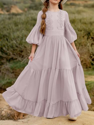 Girls Boho Dresses 3/4 Sleeve V-Back Lace Flower Crew Neck Tiered Ruffle Swing Party Maxi Dress2