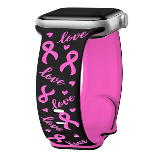Vieeki Breast Cancer Watch Band Compatible with Apple Watch Band 38mm 40mm 41mm 42mm 44mm 45mm 46mm 49mm Tow-Tone Engraved for Women Strap Replacement for iWatch Series SE 11 10 9 8 7 6 5 4 3 (Black Ribbon 38mm)