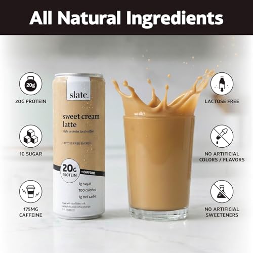 Image of Slate Milk - High Protein Iced Coffee - Sweet Cream Latte - 175mg Caffeine, Lactose Free Energy - 20g Protein, 1g Sugar, 100 Calories, 1g Net Carbs, No Sugar Added - Protein Coffee - 11 fl oz, 48 Cans