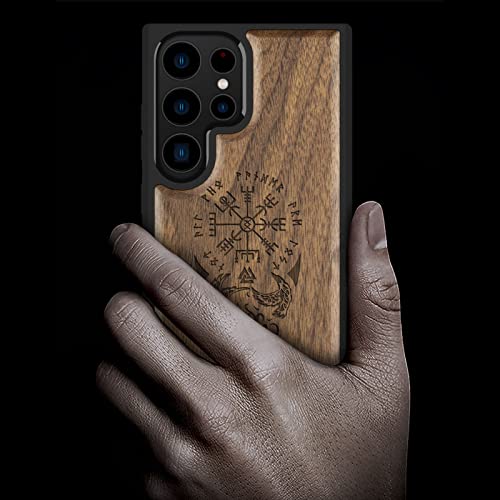 Image of Carveit Wood Case for Galaxy S23 Ultra Case [Natural Wood & Black Soft TPU] Shockproof Protective Cover Unique & Classy Wooden Design Compatible with Samsung S23 Ultra (Viking Compass-Walnut)