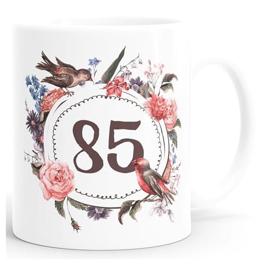 MoonWorks Taza de cumpleaños 85 5 veces, taza de café, diseño de flores, corona de flores, color blanco, talla única