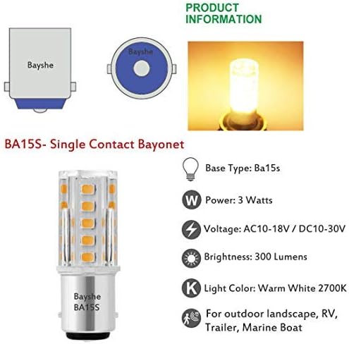 Miniatura 8 de 3W 12V BA15S S8 SC Bayoneta Base de un solo contacto 1156 1141 Bombilla LED 2700K blanco cálido, bajo voltaje CACC 12V cubierta de camino de paisaje