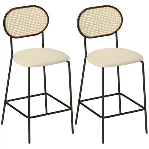 HOMCOM Set di 2 sgabelli da bar Sgabelli da cucina alti con schienale in rattan Seduta in rattan Telaio in acciaio e poggiapiedi per il bancone da pranzo Beige