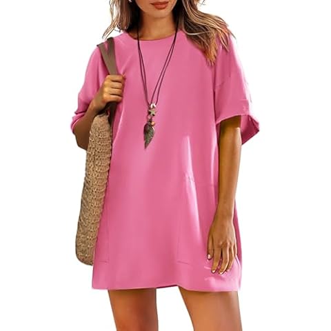 LUXVEER Womens Oversized T Shirt Dress Short Sleeve Crewneck Tunic Tops Basic Summer Casual Mini Short Dresses with Pockets Pink L Cover