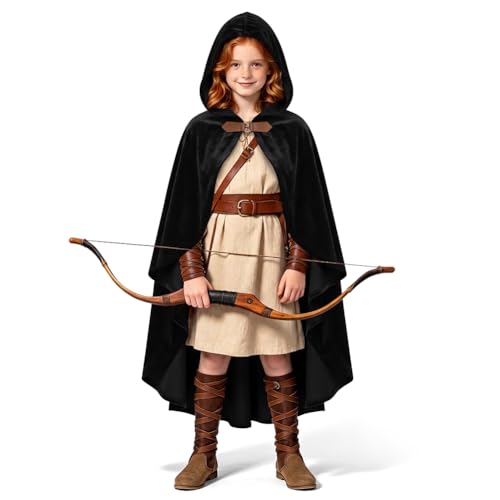 BSBUY Capa Negra Con Capucha, 90cm Medieval Disfraz Gótico Adulto, Terciopelo, Halloween Para Cosplay de Bruja Vampiro Mago, Disfraz Mujer Hombre Para Carnaval Fiesta
