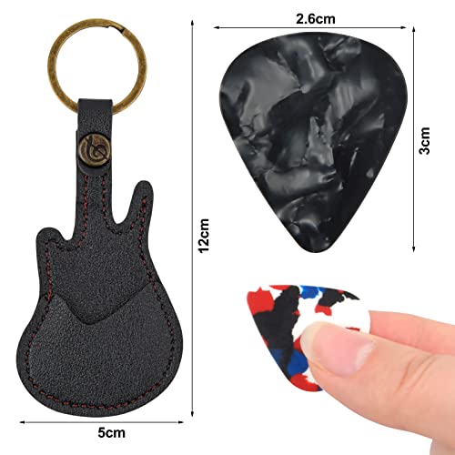 suchkawe Guitar Picks Holder with 5 Pcs Picks, Leather Keyring Keychain Guitar Picks Case Guitar Shape Plectrum Case Bag (Black) - Image 2
