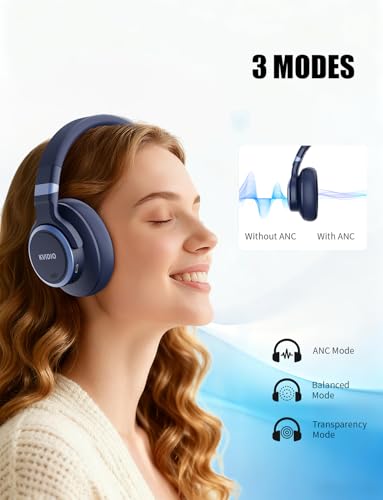 Image of KVIDIO Active Noise Cancelling Headphones, 70 Hours Playtime Bluetooth Headphones with Microphone, Transparency Mode, Deep Bass and Hi-Fi Stereo Sound (Blue)
