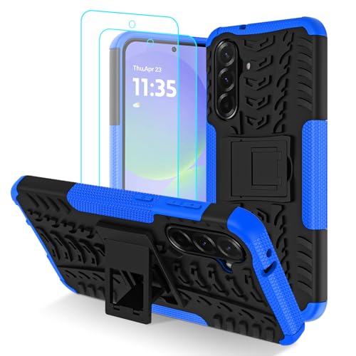 Iokmax for Samsung Galaxy A36 5G Case with 2 Pack HD Screen Protector Military Grade Shockproof Heavy Duty Robust Bumper Cover with Kickstand for Galaxy A36 5G Phone Case Blue