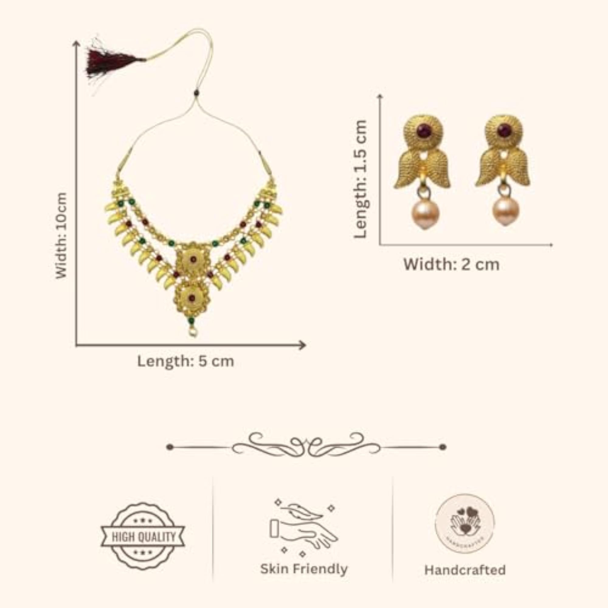 Traditional Temple Style Necklace Set with Pearl & Colored Stone Earrings