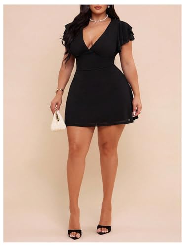 Image of BEAUDRM Women's Plus Size Cocktail Floral Short Dress Deep V Ruffle Short Sleeve Bodycon Mesh Wedding Guest Party Dresses