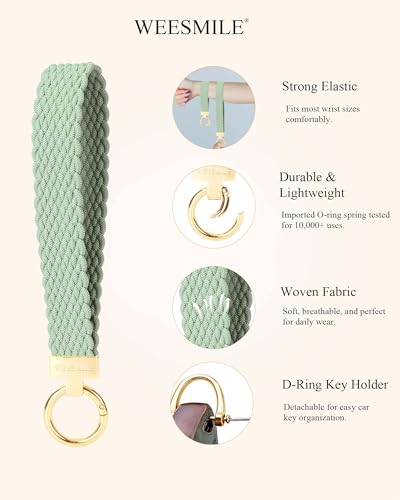 Image of WEESMILE Keychain Wristlet, Stretchy Key Chain for Car Keys with 2 Keyrings and D ring, Cute Wrist Lanyard for Women Men