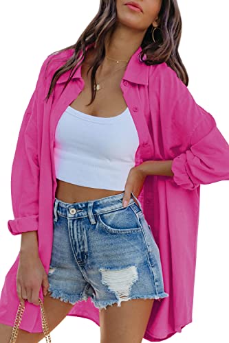 Image of FSHAOES Womens Oversized Button Down Shirts Casual Loose Long Sleeve Solid Lapel Long Blouses Tops with Pockets