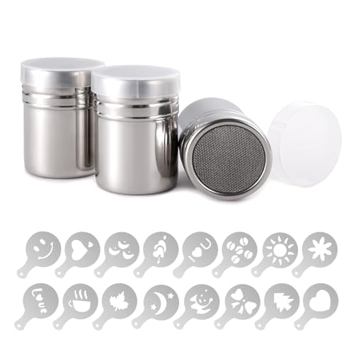 Cretosou 3 PCS Stainless Steel Container Sifter Flour Shakers, Flour Sugar Salt Shaker Chocolate Powder Shaker, Coffee Accessories with 16 Coffee Molds Stencils for Kitchen Baking Cooking Cappuccino