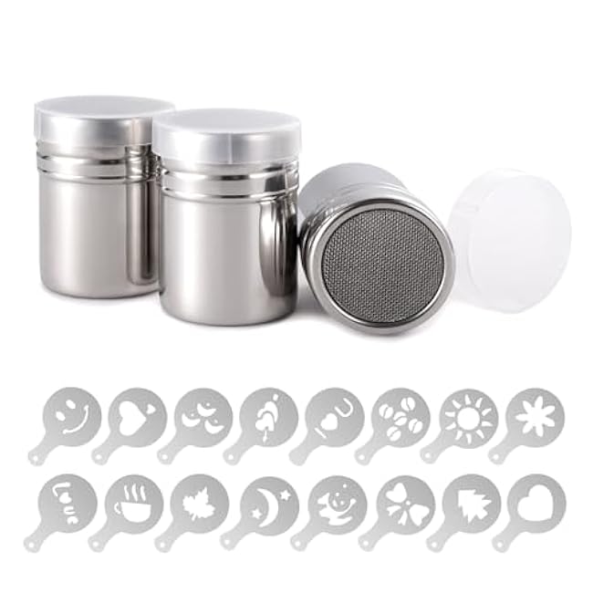 3pcs Powdered Sugar Shaker Duster with Plastic Lid, 6oz Stainless Steel Cinnamon Flour Sifter Fine Mesh Dredges Shakers Container Cans for Baking Coffee Kitchen Salt Pepper, 16 Printing Molds Included