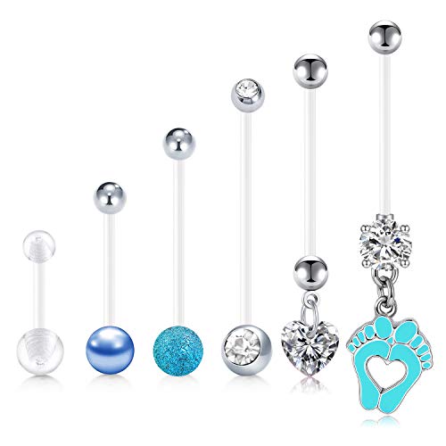 LAURITAMI 6pcs Anneaux de Piericng Nombril de Grossesse Barres Bioflex Acrylique de Maternité 14/18/25/32mm 14G Long Barbells Pieds de Bébé Dangle CZ Retainer Body Piercing Bijoux