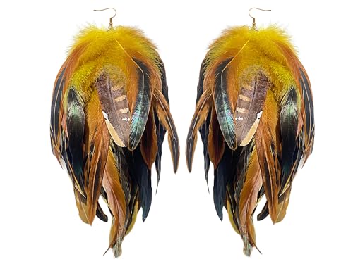 Boho Yellow Feather Earrings for Women – Long Lightweight Statement Dangle Earrings for Festival, Gifts & Summer Style – FASHMOROUS