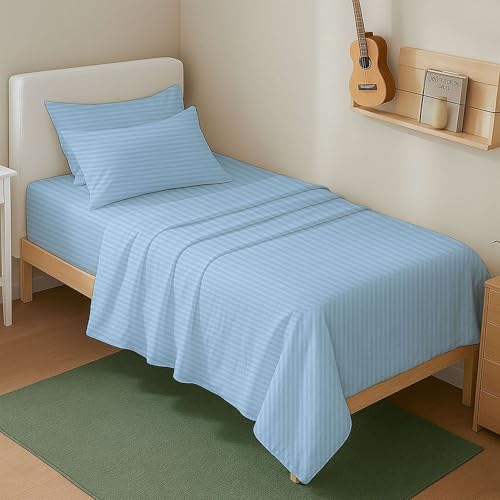 4 Piece Sheets Set Short Queen (60"x75") Size , Short Queen Sheets for RV's & Campers, 100% Egyptian Cotton 600-Thread Count Camper Sheets, 15 Inch Deep Pocket pf Fitted Sheet (Light Blue Stripe)
