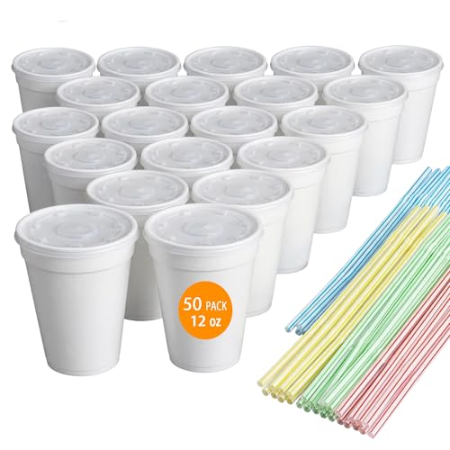 RIKICACA 12 Oz Styrofoam Cups with Lids and Drinking Straws Disposable White Foam Cups for Hot Cold Drink Beverage To Go Drinking Container for Coffee Tea Juice - 50Sets/150pcs