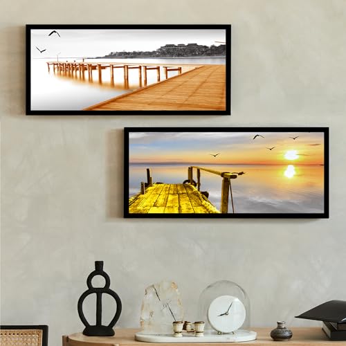 Image of PAINTINGMANTRA Landscape Framed Painting Peir Sunrise on Water Poster Framed Art Print For Living Room, Decorative Home & Wall Decor - Set Of 2 (Black Frame, 8x18 Inch)