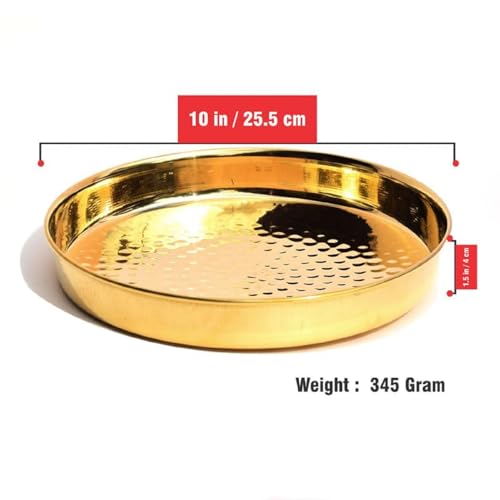 Image of Pure Source India Brass Hammered Thali /Tray, Pooja Thali, 1-Piece, Gold, Round, Pack of 1 (10 inch)
