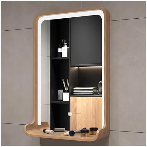 Square Bathroom Vanity Mirror with Shelf, Dimmable LED Lighted Rectangle Mirrors, Wall-Mounted Makeup Mirror Above Sink with Wooden Frame(Natural,60 * 40cm)