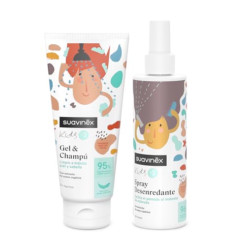 Suavinex, Pack con Spray Desenredante 250 ml + Gel - Champú 200 ml. Para Niños y Niñas de 3 a 10 Años. Para el Aseo Diario, Fragancia Smoothie, 95% Ingredientes Origen Natural, Apto Pieles Sensibles