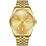 OLEVS Gold Watches for Men Large Face Business Dress Fluted Bezel Stainless Steel Man Watch Classic Luxury Easy Read Analog Quartz Men's Wrist Watch with Date 14K All Gold Plated Waterproof Luminous