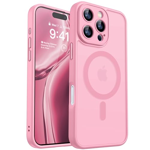CANSHN Magnetic Compatible with iPhone 16 Pro Case, Upgraded [Full Camera Protection] [Compatible with Magsafe] [Translucent Matte] Shockproof Protective Phone Case Cover 6.3 Inch - Pink