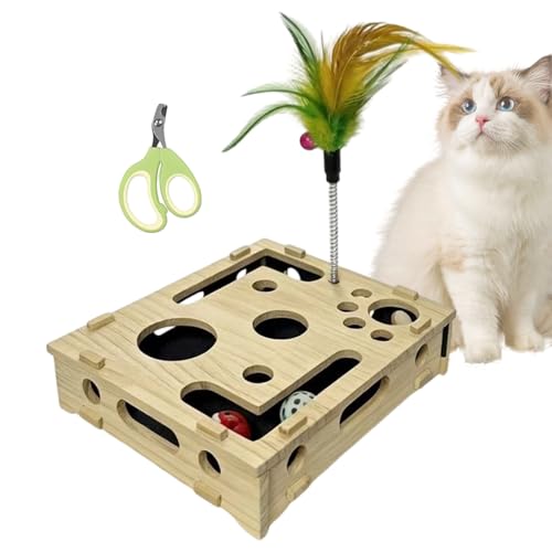Limeoir per artigli per gatti | Tavola per artigli in legno | Scatola puzzle di arricchimento con giocattolo e palla a campanello, per interni e toelettatura