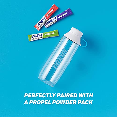 Propel 20Oz Reusable Bottle, Bpa Free, Impact Resistant, On-The-Go Strap, Dishwasher Safe, White + Propel Powder Packets Four-Flavor Variety Pack With Electrolytes, Vitamins And No Sugar (50 Count) #TOP2