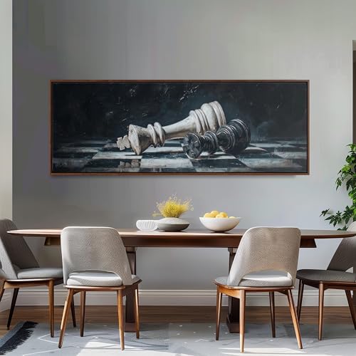 Toile panoramique encadrée grand format d'échecs pour décoration salon horizontale