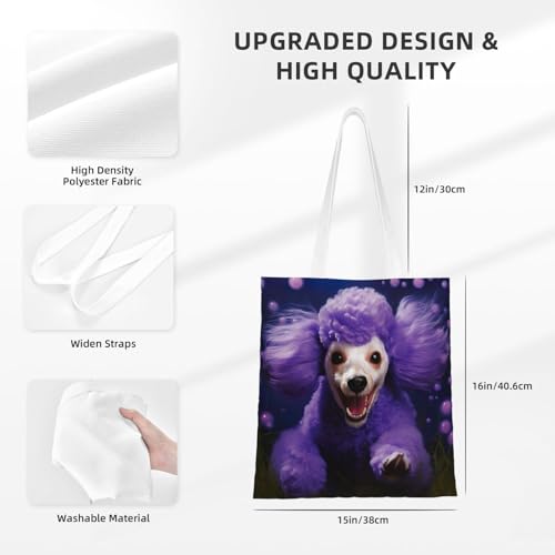 Purple Poodle Print Reusable Canvas Tote, Shopping Bag With Handles For Daily And Grocery Use4