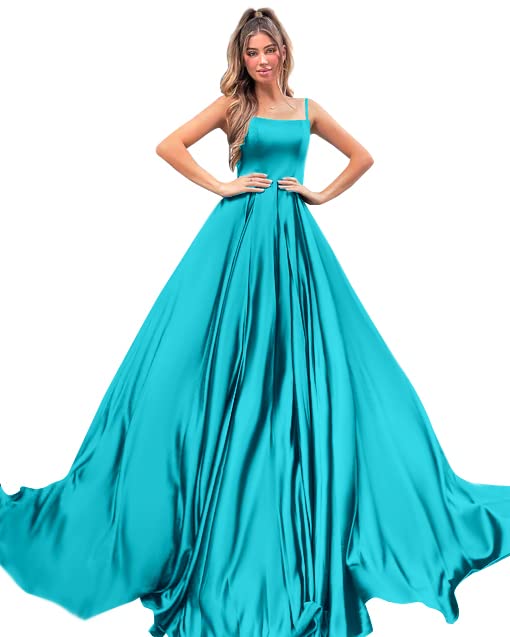 Spaghetti Straps Prom Dresses for Women Flowy Silk Satin Long Backless Pleated Formal Gown Evening Party