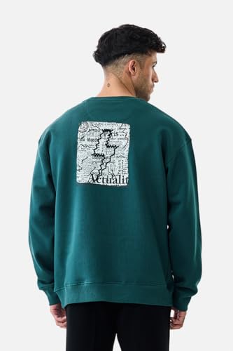 Image of SNITCH Men's Sweatshirt | Crew Neck Pullover with Back Graphic Print & Embroidered Logo | Cotton Blend Regular Fit Full Sleeve Casual Top for Street Wear & Outings