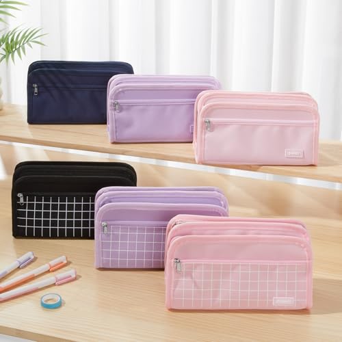 Image of Sooez Large Pencil Case, Big Capacity Pencil Pouch Pen Bag with 3 Compartment, Portable Canvas Stationery Organizer with Zipper, Cute Aesthetic School Supplies for Teen Girls College, Pure Pink