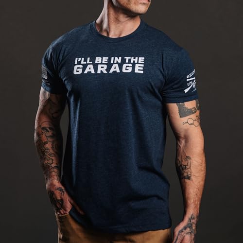 Grunt Style I'll Be in The Garage - Funny Mechanic Graphic Tee, Casual, Comfort Fit - Men's Short Sleeve T-Shirt - (Midnight Navy, X-Large)