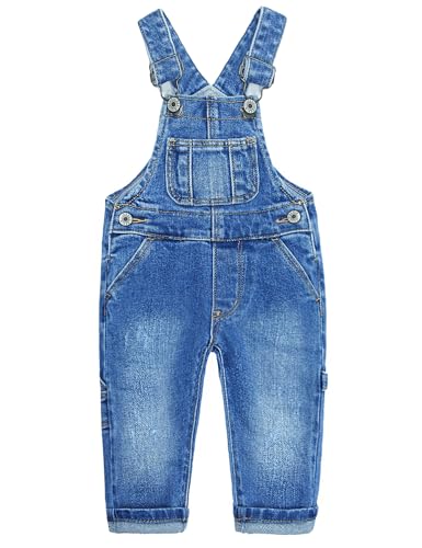 KIDSCOOL SPACE Enfant Garçon Fille Petite Poche à Bavoir Déchiré Bretelles Réglables Jean Salopette, Denim Joli Pull,Bleu,7-8 Ans