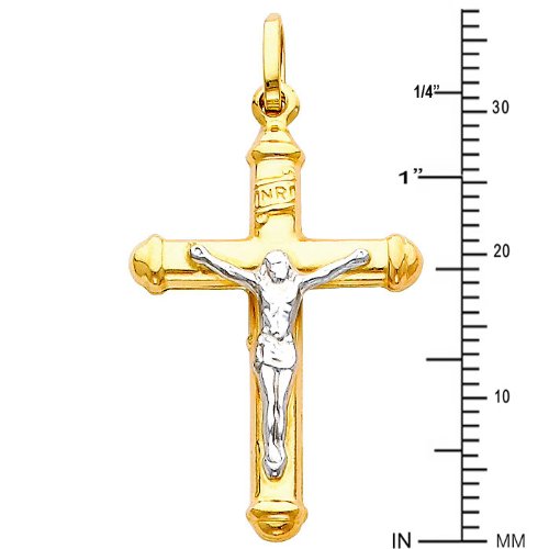 14k Two Tone Gold Jesus Cross Religious Charm Pendant with 2mm Concave Curb Cuban Chain Necklace4