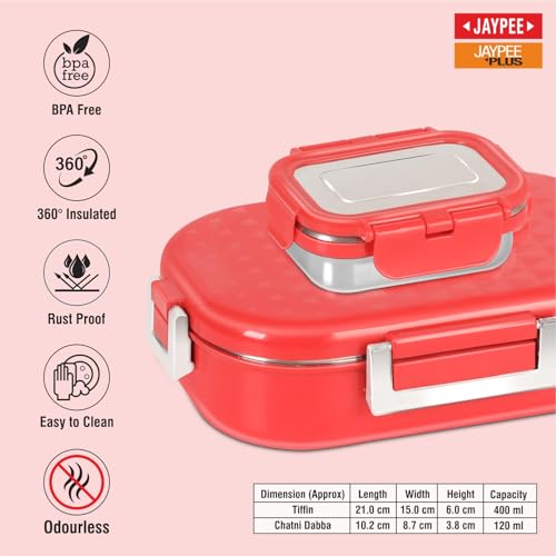 Image of JAYPEE Snapsteel Inner Stainless Steel Insulated Lunch Box,Red, 650 ml, Airtight Tiffin Box for School Kids |Spillproof with Silicon Seal | Food Grade | BPA Free